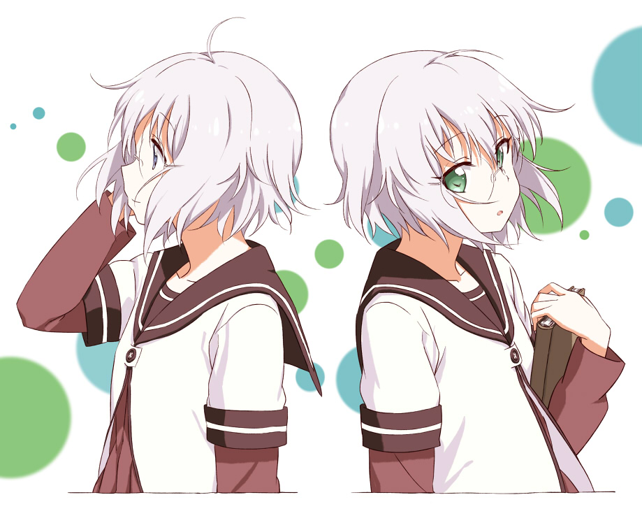 2girls blue_eyes book collarbone glasses green_eyes grey_hair ikeda_chitose ikeda_chizuru multiple_girls open_mouth school_uniform serafuku shikou_sakugo_(qqap9gt9k) shikousakugo siblings sisters twins yuruyuri