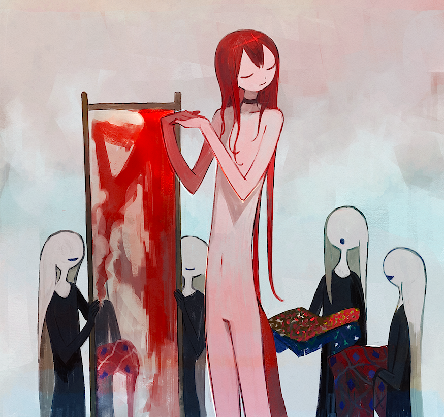 1other 4girls :o black_choker choker closed_eyes closed_mouth esloena faceless full-length_mirror holding holding_unworn_clothes long_hair long_torso mirror multiple_girls navel no_eyes nude original own_hands_together red_hair smile standing tail tall unworn_clothes