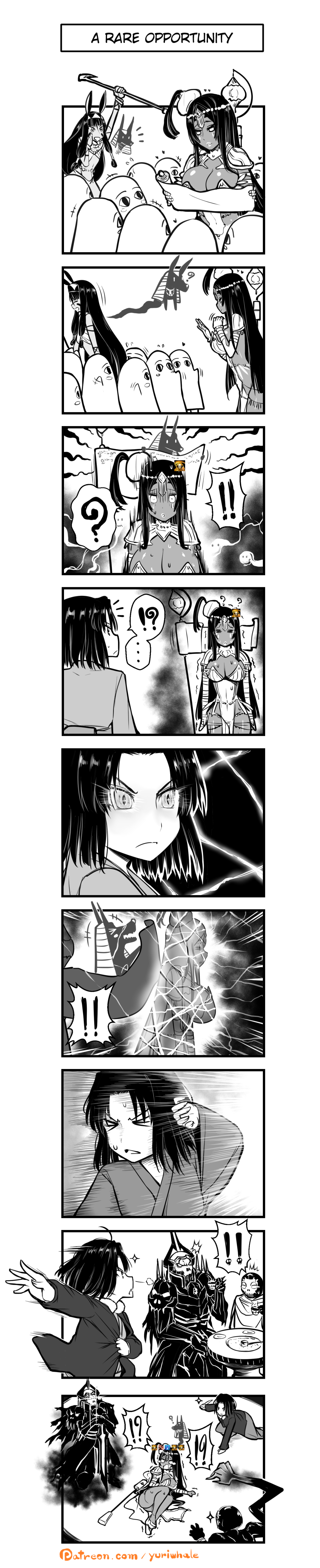 4koma absurdres ancient_egyptian_clothes bikini black_eyes black_hair breasts cleavage comic dark-skinned_female dark-skinned_male dark_skin dressing english_text fate/grand_order fate_(series) greyscale hair_ornament hassan_of_the_cursed_arm_(fate) highres holding holding_knife holding_sword holding_weapon japanese_clothes kara_no_kyoukai kimono king_hassan_(fate) knife large_breasts long_hair long_image mask monochrome nitocris_(fate) pointy_ears ryougi_shiki scheherazade_(fate) short_hair swimsuit sword tall_image weapon yuriwhale