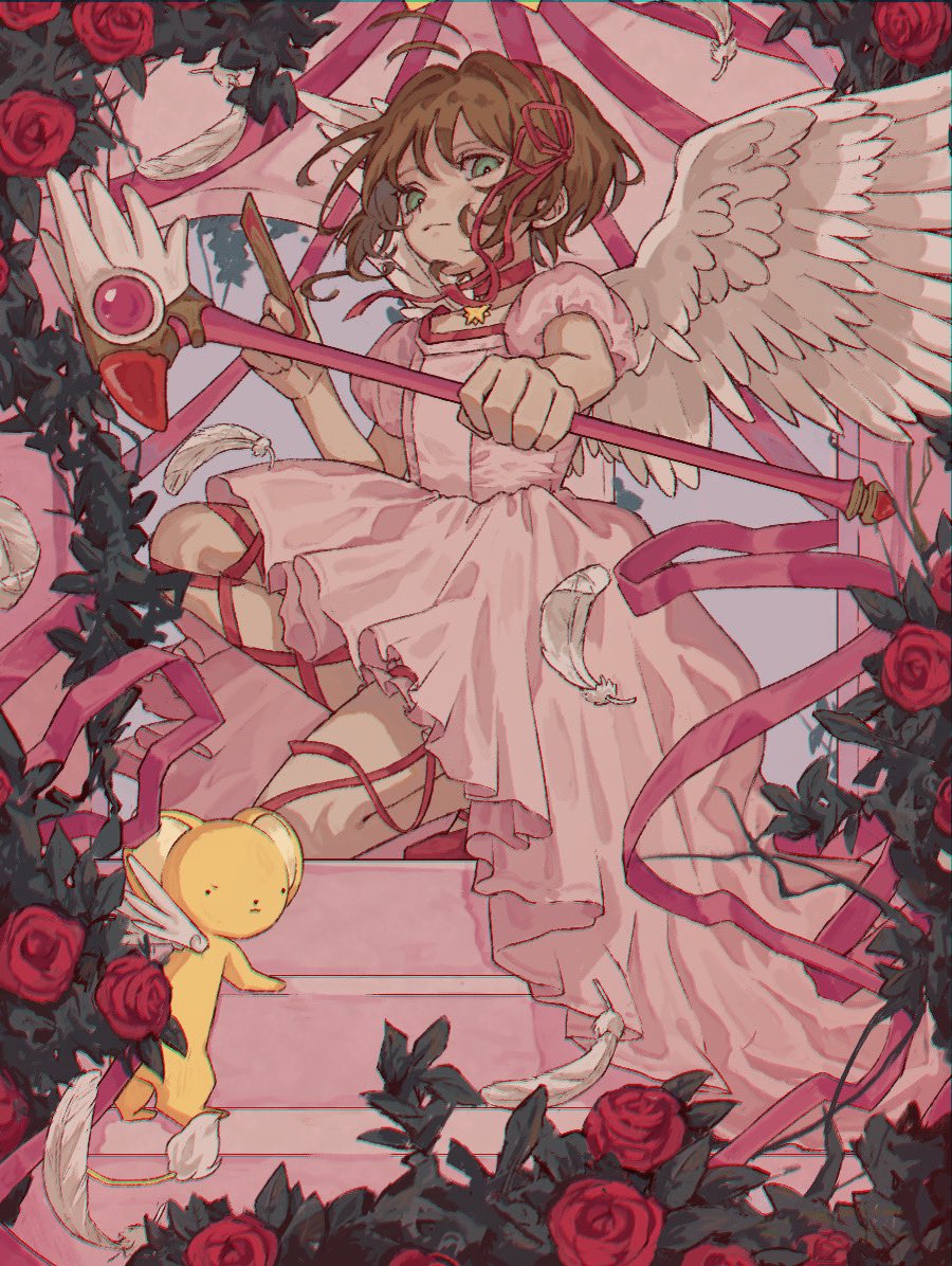 1girl brown_hair cardcaptor_sakura clow_card dress feathers flower green_eyes holding holding_wand jewelry kero_(cardcaptor_sakura) kinomoto_sakura kinomoto_sakura_(astral_sakura) magical_girl necklace pink_ribbon red_flower red_rose ribbon rose short_hair stairs star_(symbol) tomoja_rs wand