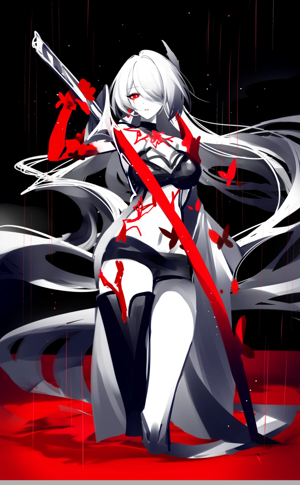 1girl acheron_(honkai:_star_rail) breasts choker highres holding holding_sword holding_weapon honkai:_star_rail honkai_(series) katana large_breasts limited_palette long_hair midriff navel red_eyes sheya short_shorts shorts solo spot_color standing stomach sword very_long_hair weapon