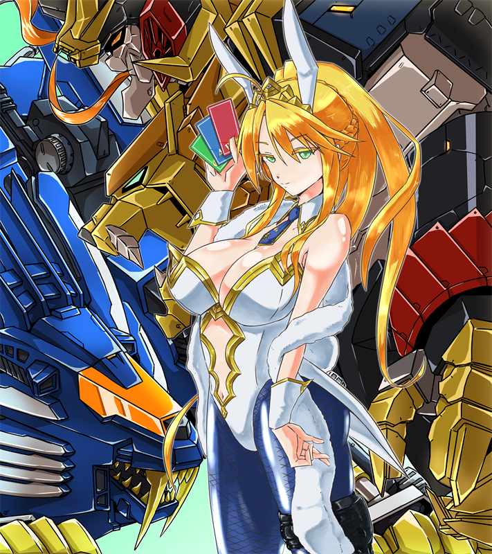 1girl animal_ears artoria_pendragon_(fate) artoria_pendragon_(swimsuit_ruler)_(fate) artoria_pendragon_(swimsuit_ruler)_(first_ascension)_(fate) blade_liger blue_pantyhose breasts card crossover daigouzi fake_animal_ears fangs fate/grand_order fate_(series) genesic_gaogaigar holding holding_card large_breasts long_hair mecha multiple_crossover one-piece_swimsuit orange_eyes orange_hair pantyhose ponytail rabbit_ears robot science_fiction sharp_teeth smile super_robot swimsuit teeth tiara v-fin v-shaped_eyebrows white_one-piece_swimsuit yuusha_ou_gaogaigar yuusha_ou_gaogaigar_final yuusha_series zoids