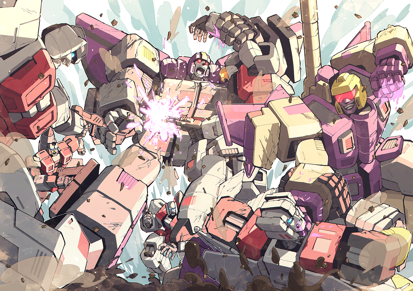 6+boys aerialbots air_raid_(transformers) astrotrain autobot blitzwing blue_eyes borezet cannon choke_hold clenched_hand clenched_hands clenched_teeth decepticon fighting fireflight firing full_body glowing glowing_eyes gun holding holding_gun holding_weapon machine machinery male_focus mecha multiple_boys no_humans open_mouth personification red_eyes retro_artstyle robot science_fiction silverbolt skydive_(transformers) slingshot_(transformers) smile strangling tank_turret teeth tongue transformers weapon
