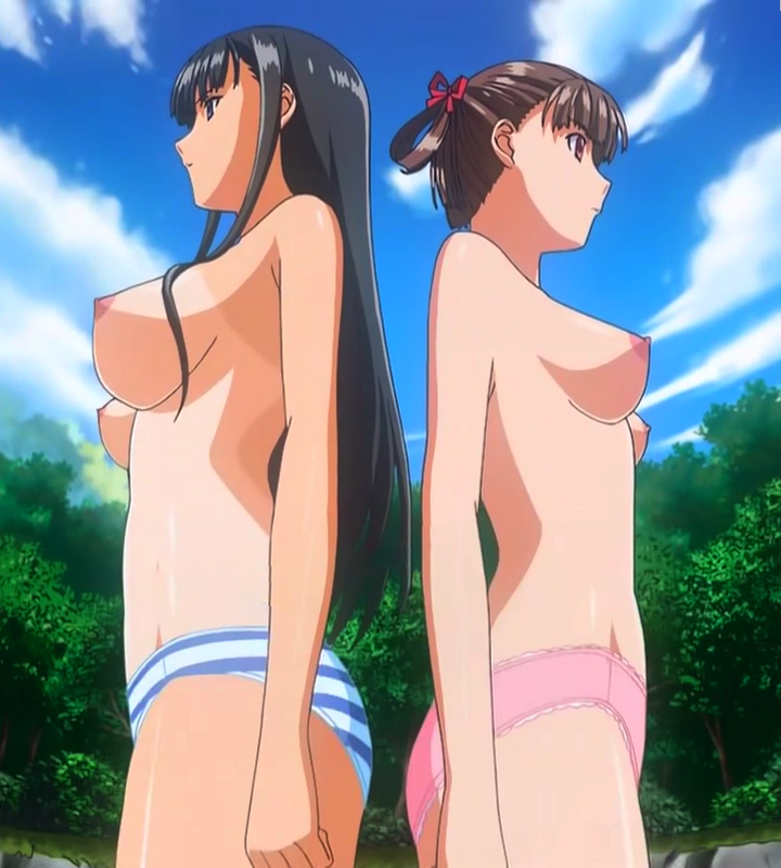 00s 2girls back-to-back black_hair breasts brown_hair cloud hairdressing kuroda_kazuya large_breasts long_hair mizushima_asa multiple_girls nipples panties pink_panties profile screencap short_hair sidelocks sky sora_no_iro_mizu_no_iro sorayama_natsume standing striped_clothes striped_panties tan tanline topless_female tree underwear underwear_only