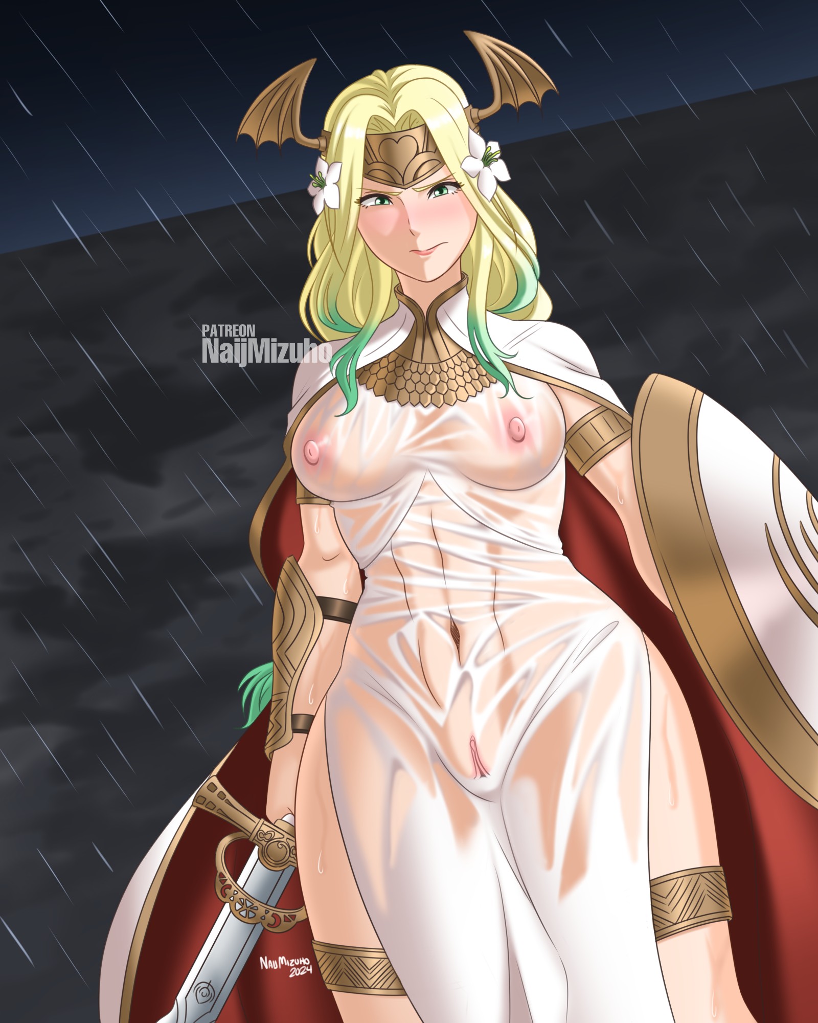 1girl abs accidental_exposure angry blush breasts covered_erect_nipples dress embarrassed fire_emblem fire_emblem:_three_houses green_eyes green_hair highres holding holding_sword holding_weapon medium_breasts naijmizuho nintendo no_bra no_panties pussy rain rhea_(fire_emblem) see-through_clothes see-through_dress seiros_(fire_emblem) shield solo sword wardrobe_malfunction weapon wet