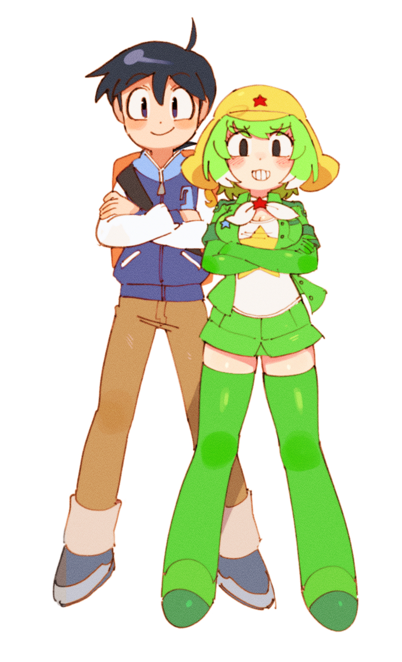 1boy 1girl arms_under_breasts batrobin_k black_eyes black_hair blush boots breast_lift breasts cleavage closed_mouth crossed_arms green_footwear green_hair grin highres hinata_fuyuki keroro keroro_gunsou large_breasts looking_at_viewer personification simple_background smile teeth thigh_boots white_background