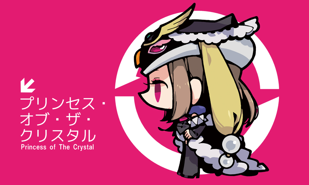 1girl arrow_(symbol) black_dress black_footwear black_hat black_pantyhose black_sleeves brown_hair character_name chibi closed_mouth detached_sleeves dress expressionless eyelashes eyeshadow frilled_headwear from_side fur-trimmed_dress fur_trim gozen4ji hand_on_own_hip hat high_heels long_dress long_hair long_sleeves looking_ahead makeup mawaru_penguindrum pantyhose pink_background pink_eyes pink_eyeshadow princess_of_the_crystal sleeves_past_wrists solo standing
