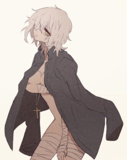 1girl bandages claudia_hortensia coat cross cross_necklace eyepatch fate/zero fate_(series) female_focus guilty jewelry naked_coat necklace short_hair solo tsumi_guilty wavy_hair white_hair yellow_eyes