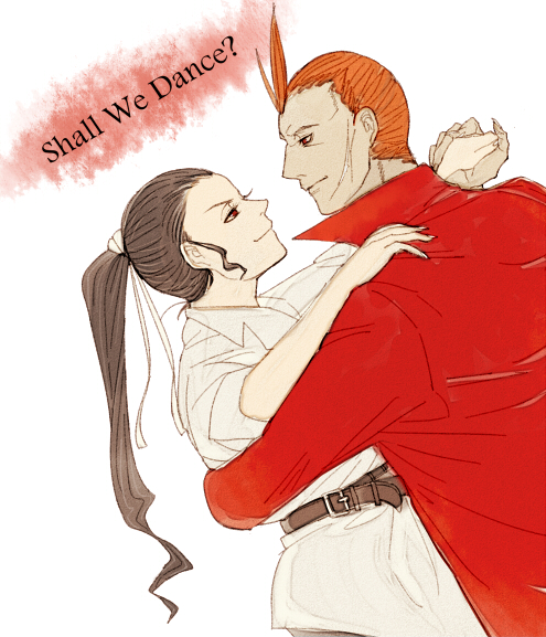 1boy 1girl arra_sails belt belt_buckle brown_hair buckle coat commentary_request couple holding_hands larten_crepsley long_coat looking_at_another orange_hair ponytail red_coat red_eyes scar scar_on_face short_hair smile the_saga_of_darren_shan