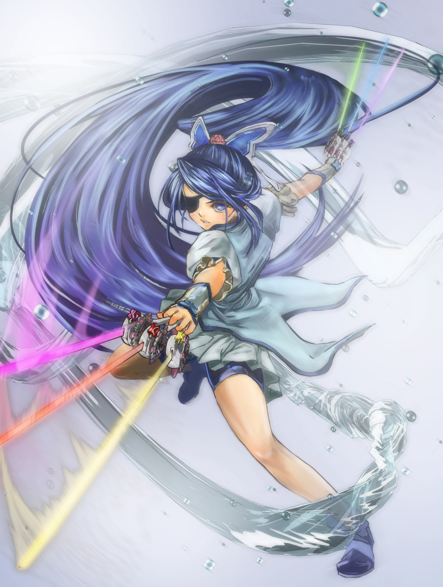 1girl between_fingers bike_shorts blue_background blue_eyes blue_hair blue_shorts blue_theme butterfly_hair_ornament cure_aqua cure_fleuret energy_sword eyepatch full_body goru_(cure_golgom) hair_ornament high_ponytail holding lightsaber long_hair minazuki_karen orange_lightsaber parody pink_lightsaber ponytail precure sengoku_basara serious shoes shorts shorts_under_skirt skirt sword water weapon wide_ponytail yes!_precure_5