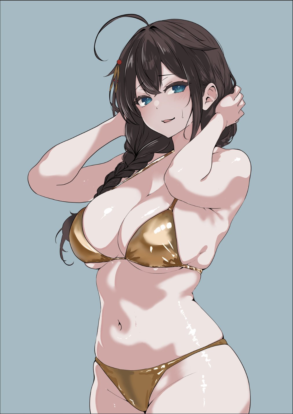1girl ahoge bikini black_hair blue_eyes breasts cleavage gold_bikini grey_background hair_flaps hair_over_shoulder highres kantai_collection kokutou_(goto123kokutoh) large_breasts long_hair looking_at_viewer shigure_(kancolle) shigure_kai_san_(kancolle) simple_background solo swimsuit