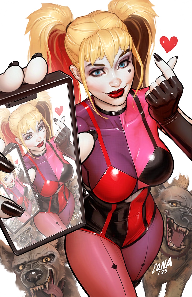 1girl alternate_costume black_gloves black_hair black_nails blonde_hair breasts bud_and_lou cellphone colored_skin comic_cover david_nakayama dc_comics elbow_gloves fingerless_gloves gloves harley_quinn heart_on_cheek highres holding holding_phone hyena initial large_breasts long_hair looking_at_viewer multicolored_hair official_art phone red_hair red_lips simple_background smartphone solo textless_version tongue tongue_out twintails white_background white_skin