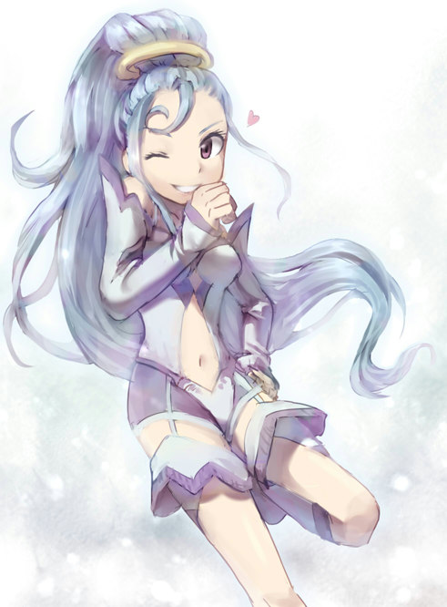 1girl amazon_pandora azumi_(tks-sd) blue_hair breasts grin halo hand_on_own_hip hand_up heart high_ponytail kid_icarus kid_icarus_uprising leg_up navel nintendo one_eye_closed pandora_(kid_icarus) ponytail smile solo standing standing_on_one_leg