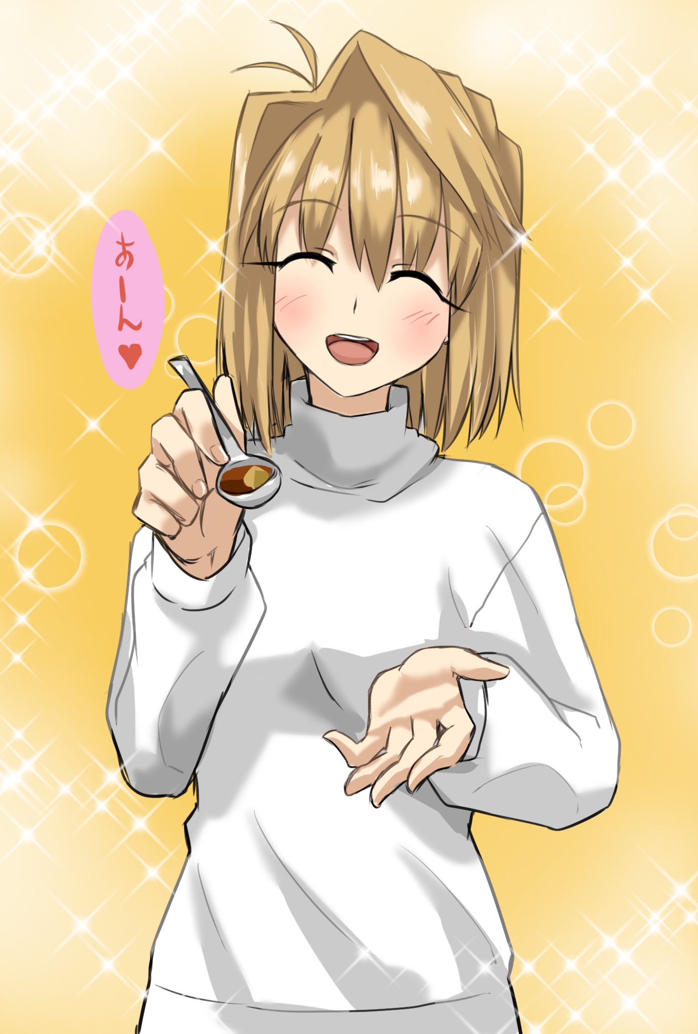 1girl :d ahoge arcueid_brunestud blonde_hair blush chiizu_ore closed_eyes happy highres holding holding_spoon incoming_food open_mouth reaching reaching_towards_viewer short_hair smile spoon sweater translation_request tsukihime turtleneck turtleneck_sweater upper_body