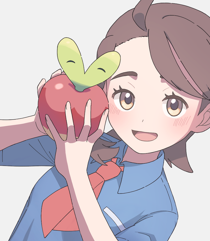 1girl :d applin blue_shirt blush brown_eyes brown_hair collared_shirt eyelashes gen_8_pokemon hands_up holding holding_pokemon juliana_(pokemon) looking_at_viewer necktie nintendo open_mouth pokemon pokemon_(creature) pokemon_sv red_necktie shirt short_sleeves simple_background smile suimoku_(hzdg5322) white_background