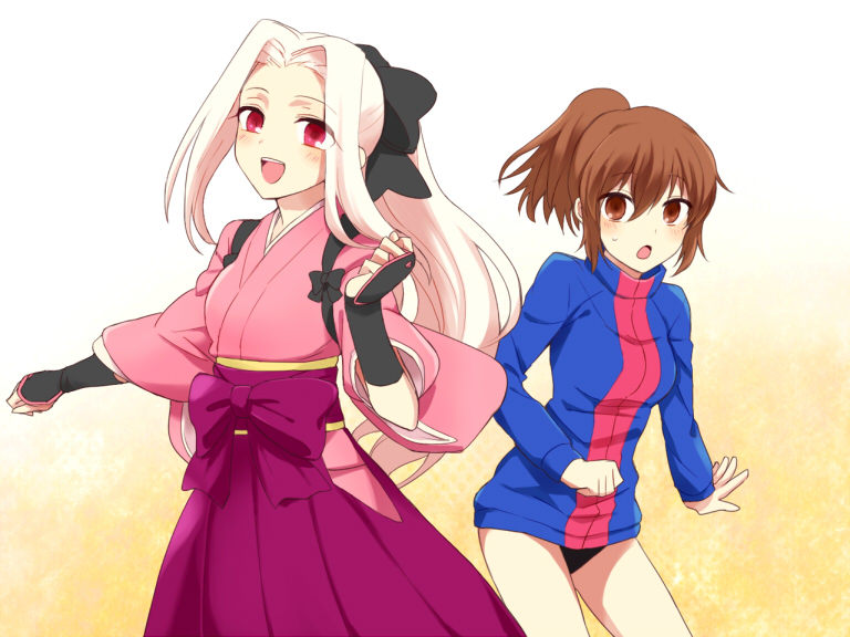 2girls :d :o aged_down bad_id bad_pixiv_id bow brown_eyes brown_hair buruma coco87s fate/zero fate_(series) fujimura_taiga hair_bow instructor_iri irisviel_von_einzbern jacket japanese_clothes long_hair multiple_girls official_alternate_costume open_mouth ponytail red_eyes smile student_no._0 track_jacket white_hair