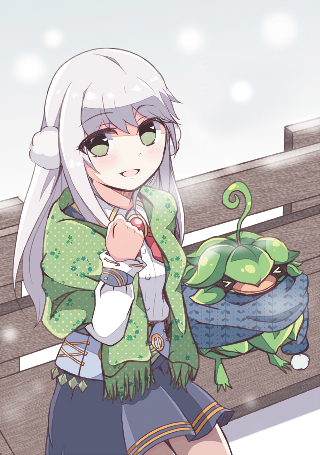 &gt;_&lt; 1girl :d arciela_v_adoulin bench blue_scarf blue_skirt blush breasts brooch buttons collared_shirt creature double_horizontal_stripe dress_shirt earmuffs eyes_visible_through_hair final_fantasy final_fantasy_xi gem green_eyes green_scarf grey_hair hand_up jewelry leafkin long_hair long_sleeves medium_breasts miniskirt ntapopo open_mouth red_gemstone scarf shirt sitting skirt smile snow snowing solo white_shirt wooden_bench
