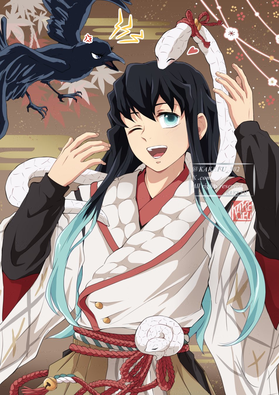 1boy animal animal_around_neck aqua_eyes aqua_hair bell bird black_hair brown_hakama crow egasumi hakama highres japanese_clothes jingle_bell kakefu_302 kimetsu_no_yaiba kimono long_hair male_focus multicolored_hair one_eye_closed open_mouth snake snake_wrapped_around_neck solo tokitou_muichirou upper_body watermark white_kimono white_snake