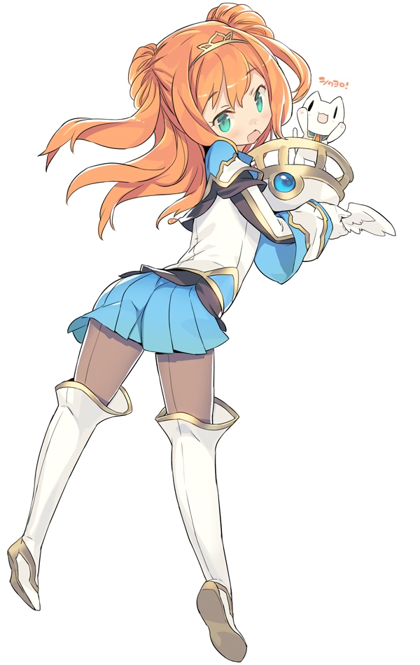 1girl alisa_kirsten blade_(galaxist) boots carrying carrying_under_arm cat double_bun female_focus full_body gloves green_eyes hair_bun hairband long_hair long_sleeves open_mouth orange_hair pantyhose pleated_skirt pop-up_story shiroe_adele simple_background skirt solo thigh_boots thighhighs white_background white_boots white_gloves white_thighhighs