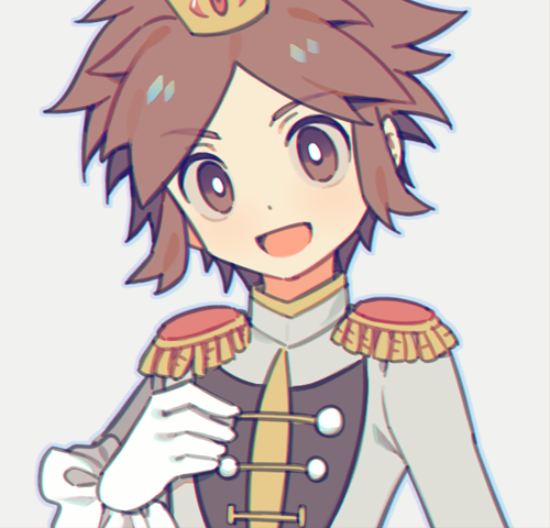 1boy bright_pupils brown_eyes brown_hair commentary_request crown epaulettes gloves grey_background looking_at_viewer lowres male_focus nate_(champion)_(pokemon) nate_(pokemon) nintendo official_alternate_costume open_mouth pokemon pokemon_masters_ex smile solo upper_body white_gloves wusagi2