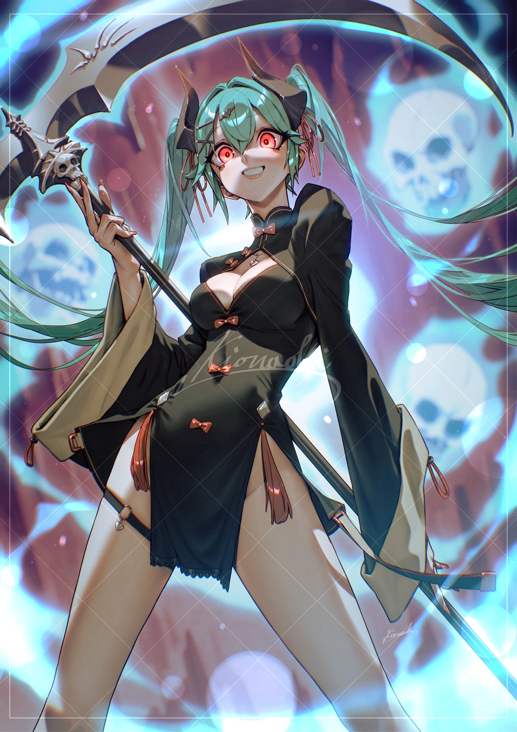 1girl aqua_hair black_dress breasts china_dress chinese_clothes dress floating_skull hair_between_eyes hatsune_miku highres holding holding_scythe horns kionaoki long_hair looking_at_viewer medium_breasts red_eyes scythe solo thigh_strap twintails vocaloid watermark watermark_grid wide_sleeves