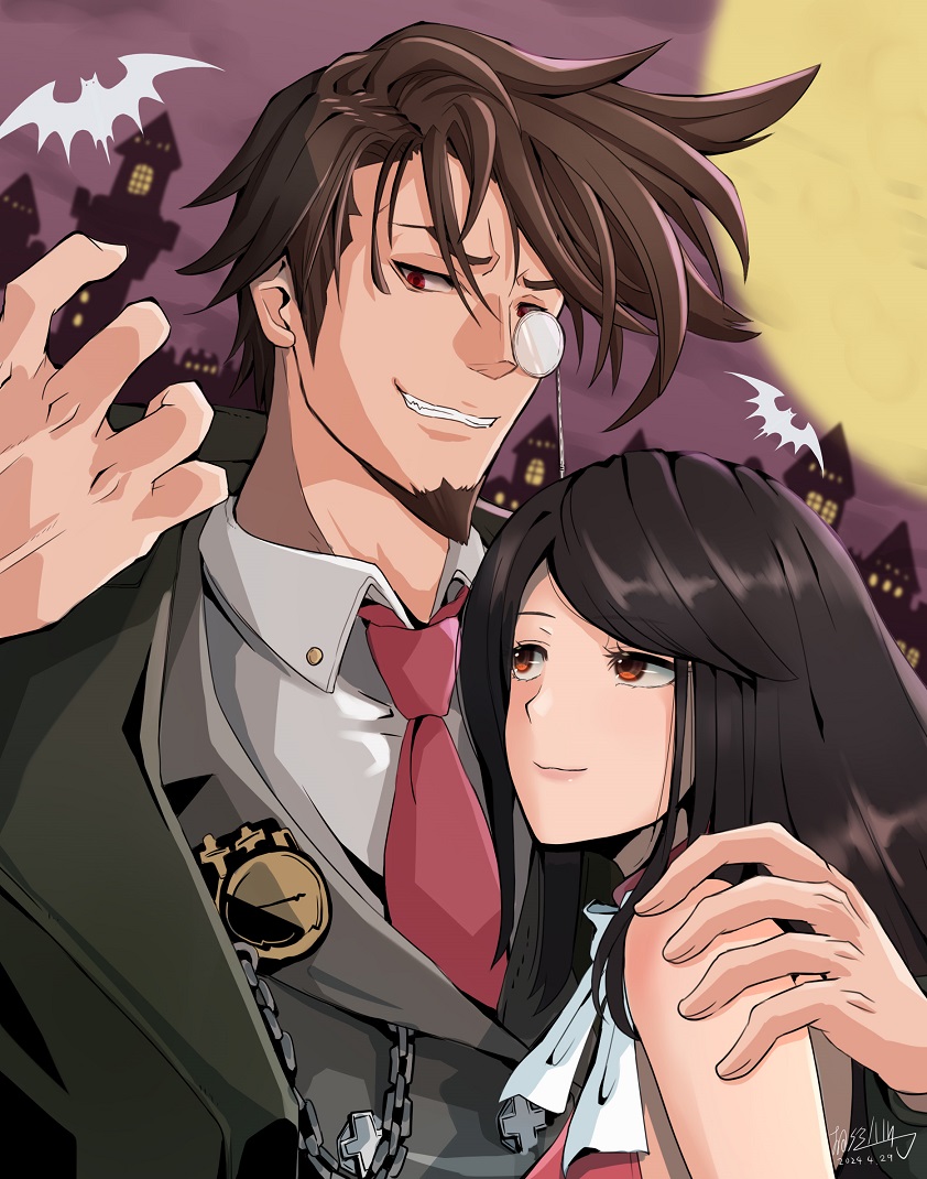 1boy 1girl bare_shoulders beard black_hair brown_hair dress facial_hair guilty_gear guilty_gear_strive husband_and_wife long_hair mariebell monocle necktie red_dress red_eyes sharon_(guilty_gear) short_hair slayer_(guilty_gear) smile vampire