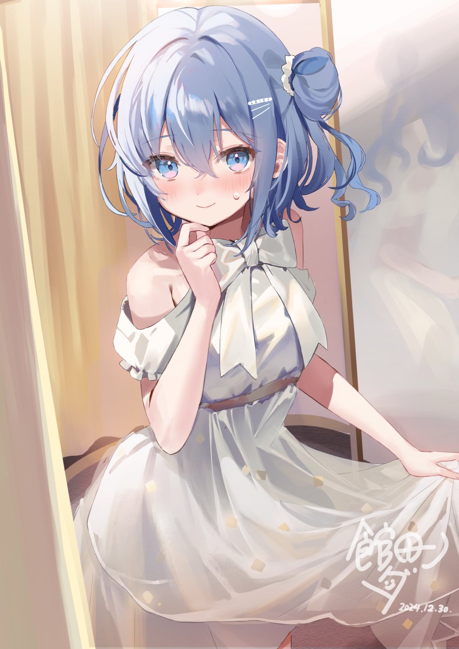 1girl 2024 artist_name bare_shoulders blue_eyes blue_hair blush bow breasts closed_mouth clothes_lift commentary_request cowboy_shot dated double-parted_bangs dress dress_lift frilled_sleeves frills hair_between_eyes hair_bun hair_intakes hand_up highres kanda_done leotard looking_at_viewer mirror original short_hair short_sleeves single_hair_bun single_side_bun small_sweatdrop smile solo strapless strapless_leotard white_bow white_dress