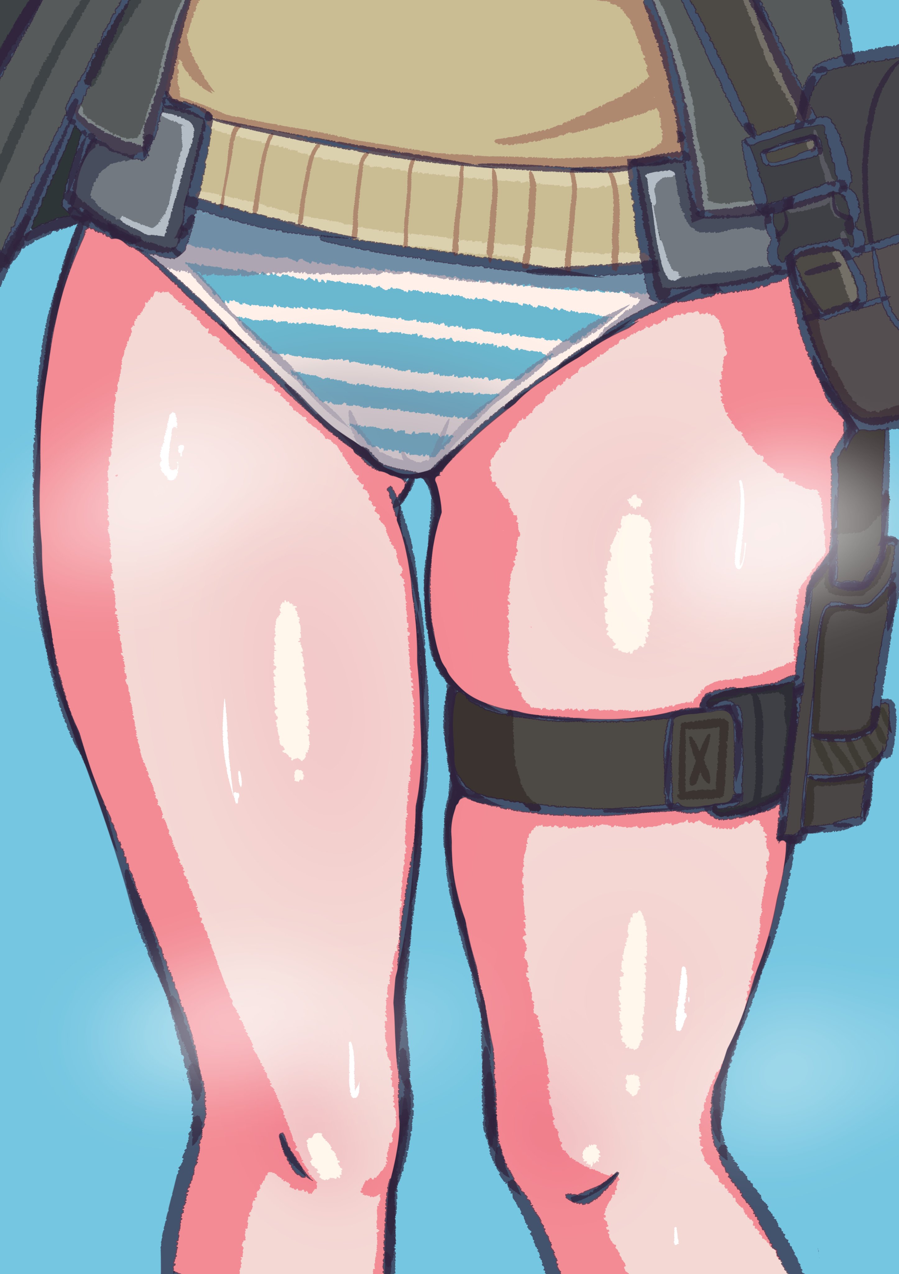 1girl absurdres black_jacket blue_background brown_sweater commentary_request feet_out_of_frame girls'_frontline girls'_frontline_2:_exilium gluteal_fold highres jacket no_pants open_clothes open_jacket panatisia panties simple_background solo striped_clothes striped_panties sweat sweater thigh_strap underwear vepley_(girls'_frontline_2)