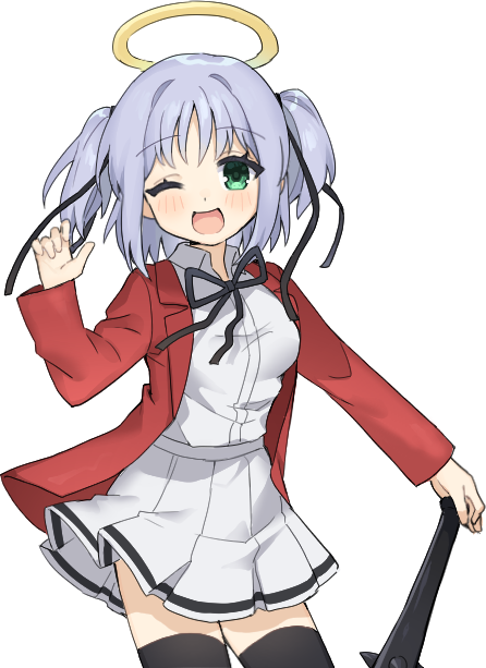 1girl black_thighhighs bokusatsu_tenshi_dokuro-chan club_(weapon) eguegukun green_eyes hair_tie halo jacket mitsukai_dokuro neck_ribbon one_eye_closed open_clothes open_jacket open_mouth red_jacket ribbon shirt simple_background skirt thighhighs traditional_halo two_side_up weapon white_shirt white_skirt yellow_halo