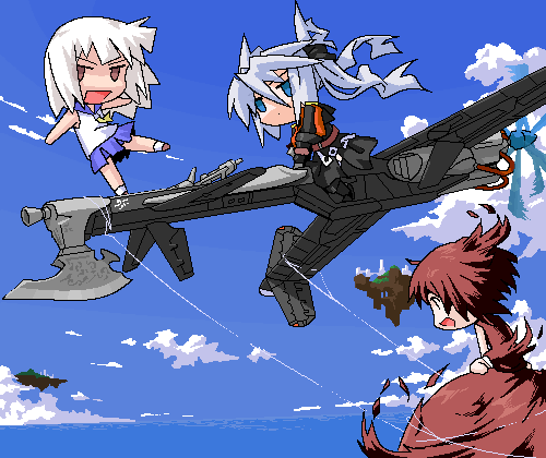 3girls day lowres mof mof&#039;s_silver_haired_twintailed_girl multiple_girls oekaki original school_uniform serafuku sky white_hair