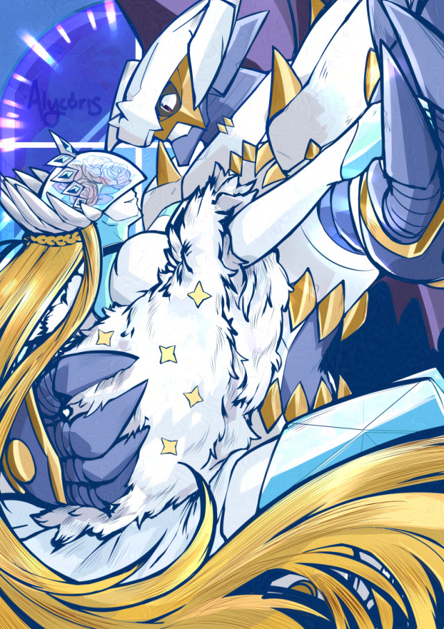 blonde_hair cendrillmon couple digimon digimon_(creature) dynasmon long_hair looking_at_another mask