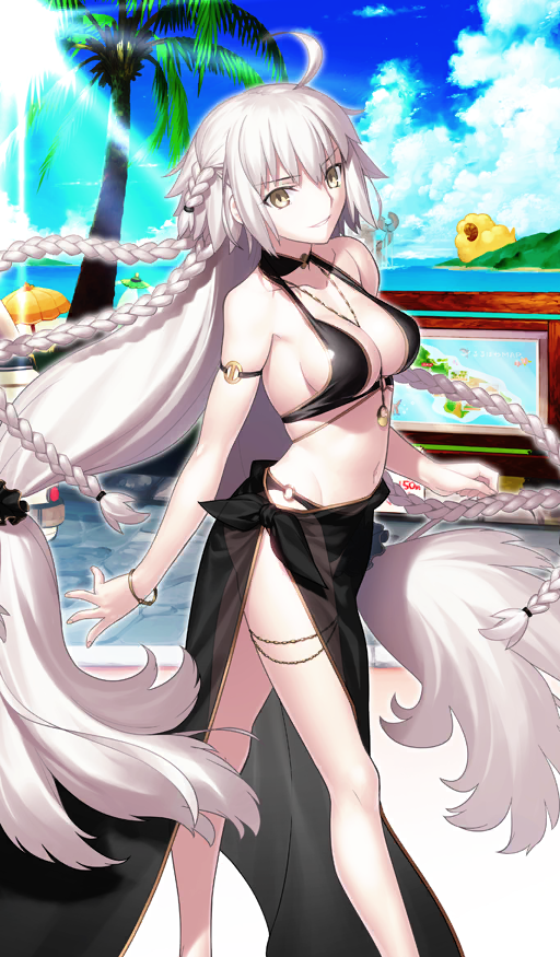 1girl ahoge armlet bangle bare_shoulders beach_umbrella between_breasts bikini black_bikini black_sarong black_scrunchie blue_sky bracelet braid breasts cleavage cloud commentary day diffraction_spikes dumuzid_(fate) fate/grand_order fate_(series) feet_out_of_frame fingernails floating_hair groin hair_ornament hair_scrunchie hair_tie halterneck horizon jeanne_d&#039;arc_alter_(fate) jeanne_d&#039;arc_alter_(festival_outfit)_(fate) jeanne_d&#039;arc_alter_(swimsuit_berserker)_(fate) jewelry long_hair looking_at_viewer low-tied_long_hair medium_breasts multiple_braids navel necklace_between_breasts o-ring o-ring_bikini o-ring_bottom o-ring_top ocean official_art outdoors palm_tree parted_lips sarong scrunchie see-through_clothes see-through_sarong side_slit sideboob sidelocks single_bare_leg sky smile solo sun swimsuit takeuchi_takashi teeth third-party_source tree umbrella very_long_hair walking white_hair yellow_eyes