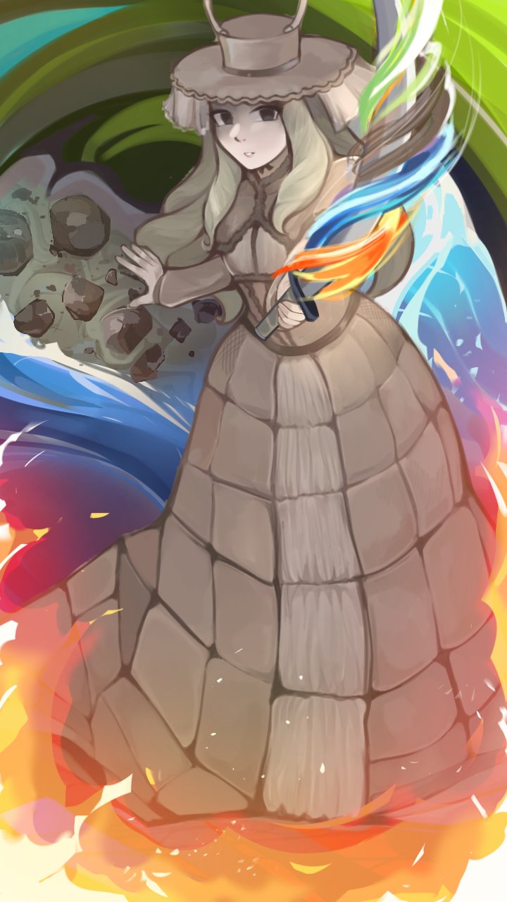 1girl aerokinesis anna_no_kojo black_eyes blonde_hair bow bowtie brown_bow brown_bowtie brown_capelet brown_dress brown_hat capelet dress fiery_background fire flaming_sword flaming_weapon geokinesis hat highres holding holding_sword holding_weapon hydrokinesis long_dress long_hair long_sleeves looking_at_viewer melk_(mon-musu_quest!) mon-musu_quest! monster_girl pointing_melee_weapon pointing_sword rock slug_girl solo sword veil water waves weapon wind