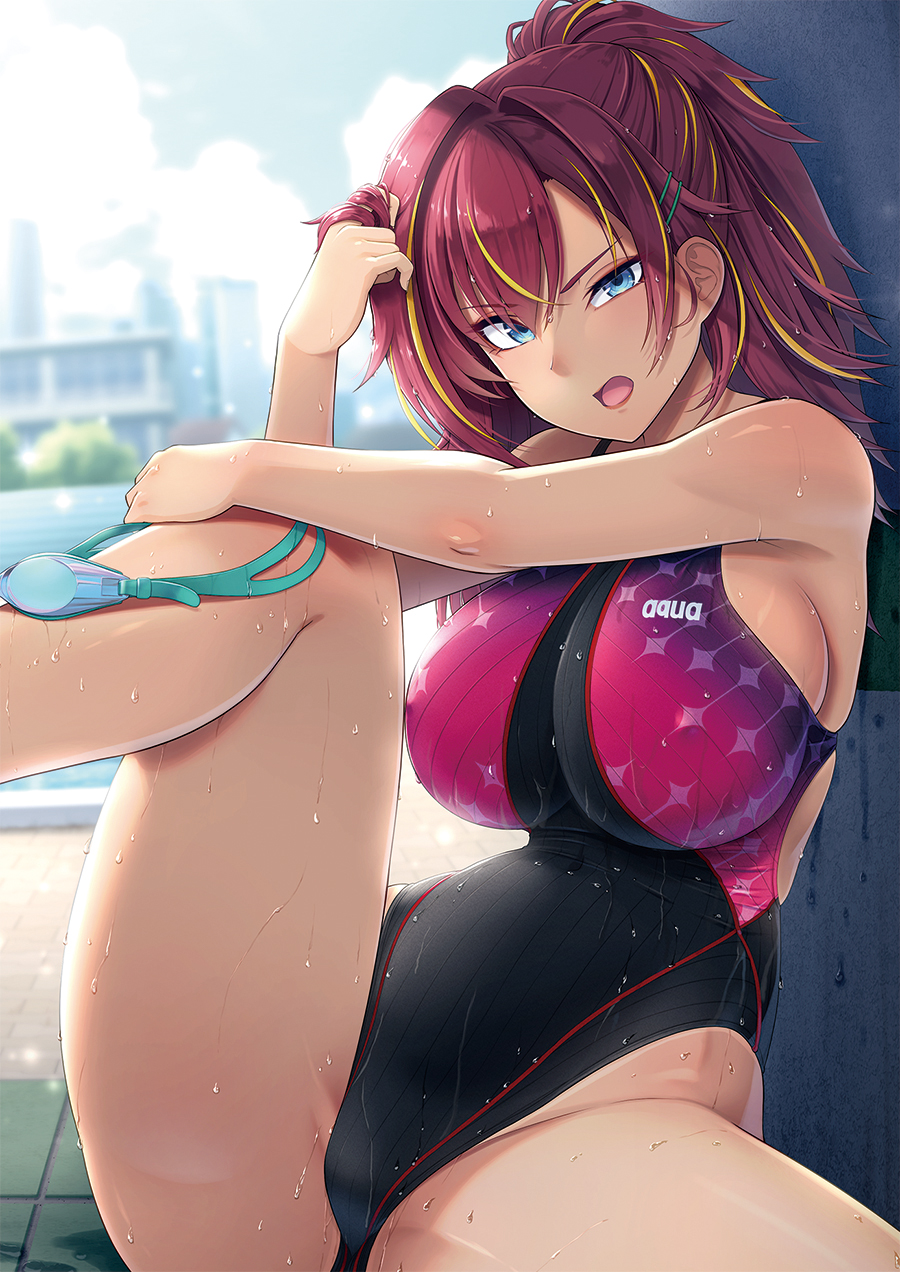 1girl arena_(company) black_one-piece_swimsuit blue_eyes clothes_writing commentary_request competition_swimsuit goggles hassen_(8cm) highres logo_parody long_hair multicolored_hair multicolored_swimsuit one-piece_swimsuit original ponytail red_hair sitting solo streaked_hair swimsuit unworn_goggles wet wet_clothes wet_swimsuit