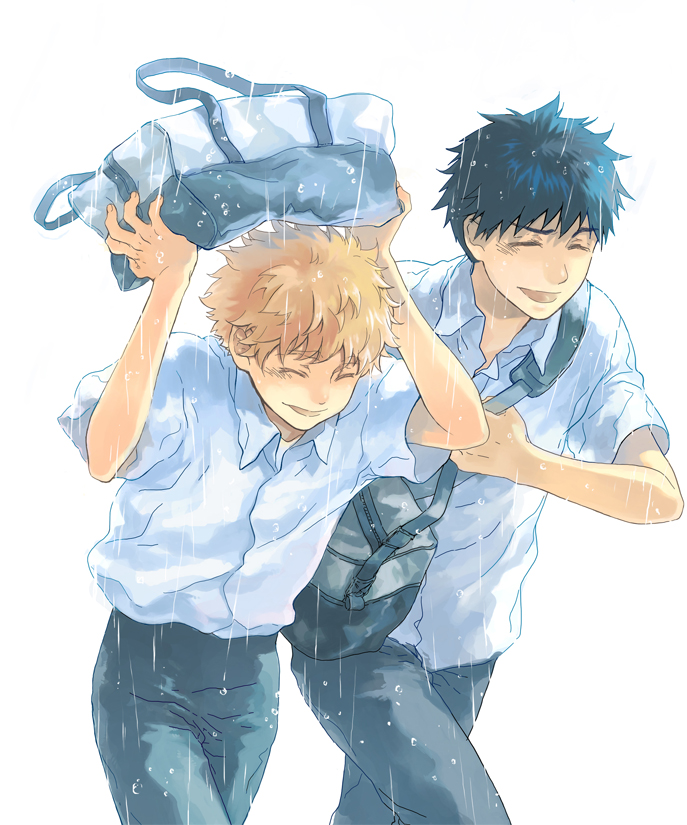 2boys abe_takaya bag black_hair blonde_hair carrying_overhead closed_eyes cowboy_shot happy holding holding_bag improvised_umbrella male_focus meetagain mihashi_ren multiple_boys ookiku_furikabutte rain running school_bag school_uniform white_background