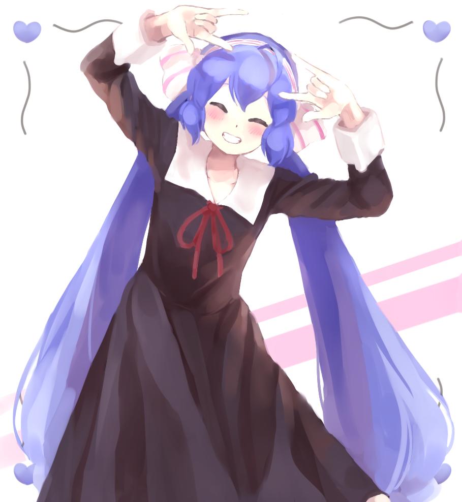 1girl blue_hair blush bow chikattochikachika_(kaguya-sama_wa_kokurasetai) closed_eyes cosplay dancing female_focus fujiwara_chika fujiwara_chika_(cosplay) grin hair_bow hair_ribbon happy kaguya-sama_wa_kokurasetai_~tensai-tachi_no_renai_zunousen~ long_hair low_twintails otomachi_una red_neckwear ribbon sailor_collar school_uniform shuuchiin_academy_school_uniform shuujin_academy_school_uniform smile solo tod-mugi twintails vocaloid