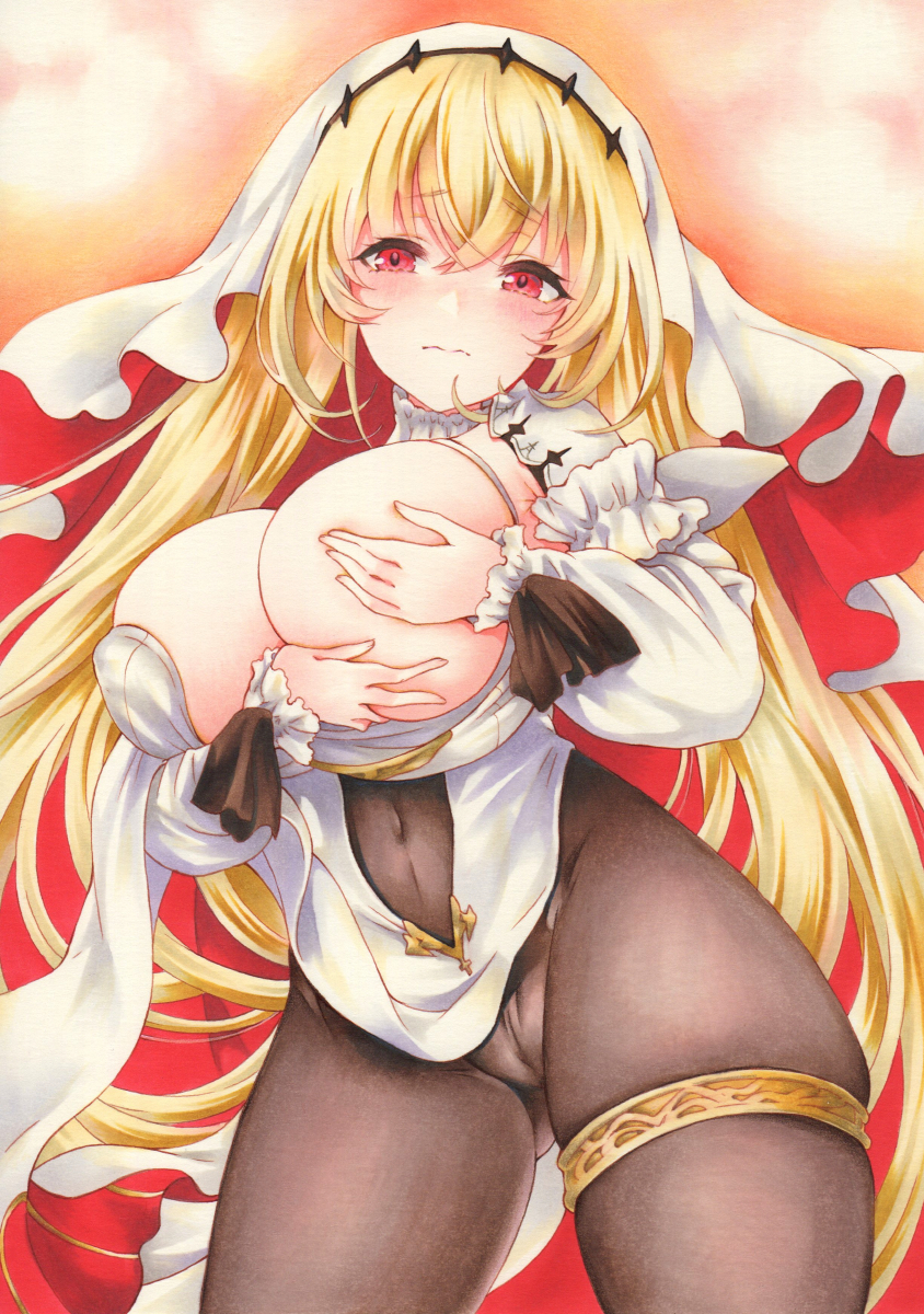1girl azur_lane black_pantyhose blonde_hair breasts clothes_lift covered_navel covering_breasts covering_one_breast covering_privates cowboy_shot dress highres kersaint_(azur_lane) large_breasts long_hair looking_at_viewer marker_(medium) no_panties one_breast_out pantyhose pelvic_curtain pelvic_curtain_lift red_eyes saya_pr solo thigh_strap traditional_media veil white_dress