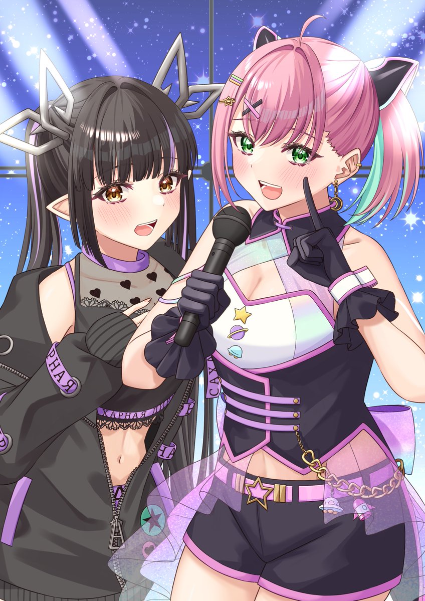 2girls belt black_gloves black_hair black_jacket black_shirt black_shorts black_vest blunt_bangs blush breasts chain cleavage commentary_request commission cowboy_shot crop_top demon_girl demon_horns game_club_project gloves green_eyes hair_between_eyes hair_ornament hairclip heart heart_print holding holding_microphone horns indie_virtual_youtuber jacket kojo_anna kojo_anna_(1st_costume) long_hair long_sleeves medium_breasts microphone midriff multicolored_hair multiple_girls nanashi_inc. navel off_shoulder open_clothes open_jacket open_mouth pink_belt pink_hair pointy_ears print_shirt purple_hair sakuragi_miria second-party_source see-through_clothes see-through_shirt shirt short_hair shorts skeb_commission sleeveless sleeveless_shirt smile star-shaped_buckle star_(symbol) tsukishiro_mio twintails two-tone_hair vest virtual_youtuber x_hair_ornament yellow_eyes zipper