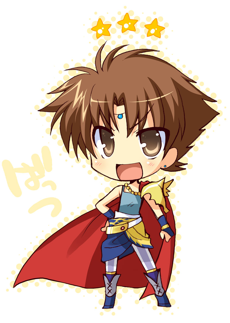 1boy armor bartz_klauser blue_boots blue_gemstone blue_tank_top boots bracer bridal_gauntlets brown_eyes brown_hair cape character_name chibi commentary_request determined dissidia_final_fantasy earrings final_fantasy final_fantasy_v forehead_jewel full_body gem hand_on_own_hip happy izumi_makoto jewelry male_focus open_mouth outline pauldrons red_cape short_hair shoulder_armor single_pauldron smile solo spiked_pauldrons standing star_(symbol) stud_earrings tank_top vertical-striped_leggings yellow_outline