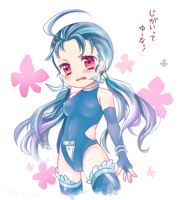 1girl bad_id bad_pixiv_id blue_hair clothing_cutout cu_chulainn_(fate) cu_chulainn_(fate/stay_night) fate/stay_night fate_(series) female_focus gender_request genderswap hachi_(gaoo) leotard long_hair navel_cutout ponytail red_eyes solo thighhighs wavy_mouth