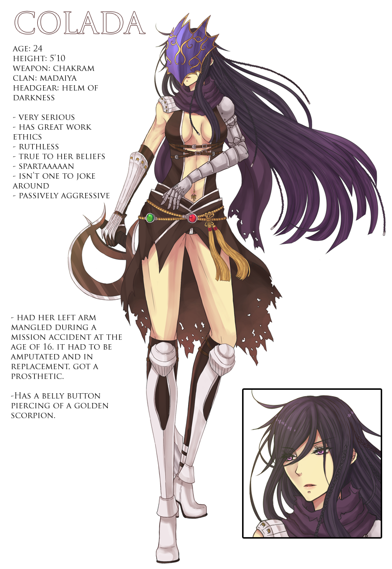 1girl armor armored_boots assassin_cross_(ragnarok_online) black_cape black_gloves black_hair black_leotard black_thighhighs boots breasts cape commentary elbow_gloves english_commentary english_text expressionless full_body gloves gradient_hair leotard long_hair mask masked medium_breasts multicolored_hair navel open_mouth pauldrons purple_eyes purple_hair ragnarok_online revealing_clothes rinslette shoulder_armor simple_background solo thighhighs torn_cape torn_clothes vambraces very_long_hair waist_cape white_background