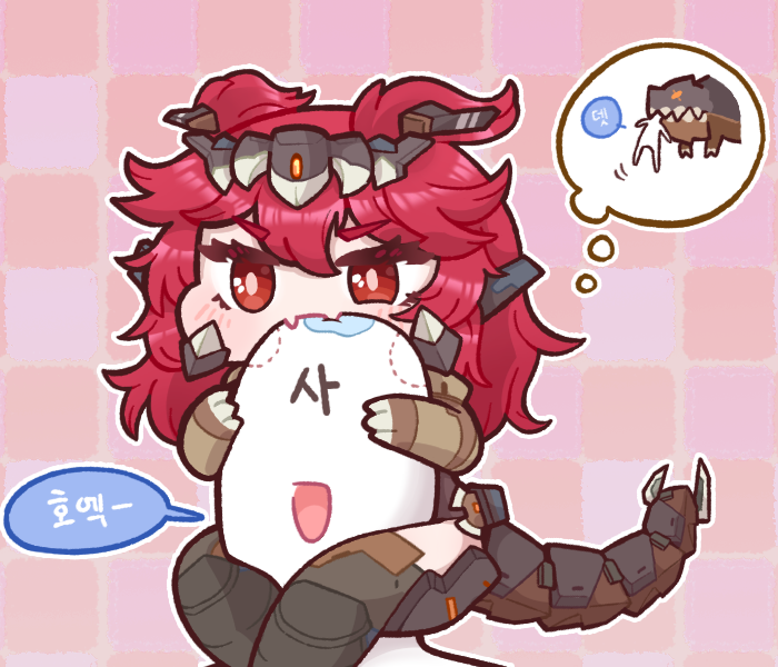 1boy 1girl bite_mark biting bulga commander_(last_origin) faceless faceless_male last_origin mechanical_tail messy_hair on_head on_person open_mouth red_eyes red_hair saliva smile speech_bubble straddling tail thought_bubble tiny_tyrant_(last_origin) tyrant_(last_origin)