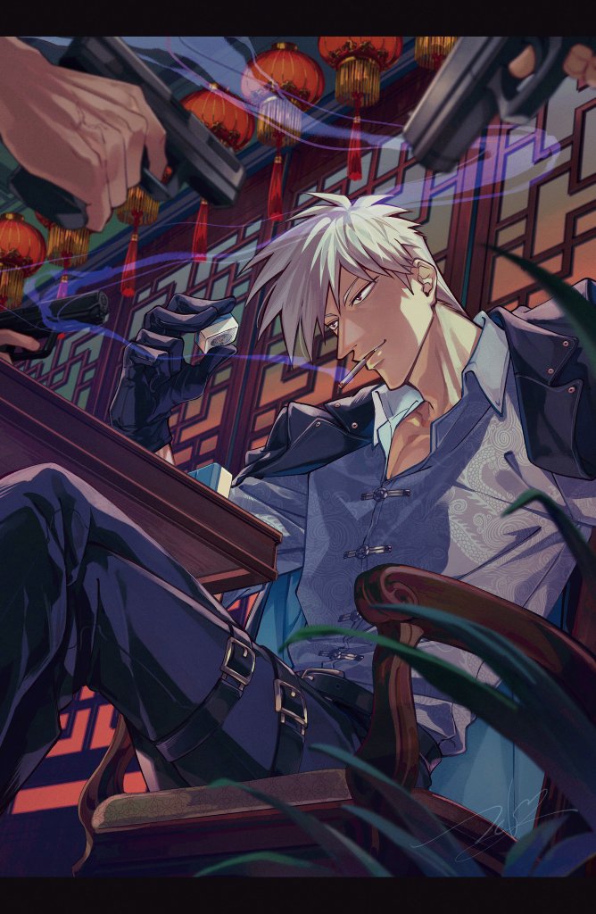 4boys akagi:_yami_ni_oritatta_tensai akagi_shigeru at_gunpoint black_gloves black_jacket chair cigarette collared_shirt commentary_request feet_out_of_frame fukumoto_mahjong gloves grey_hair grey_shirt gun handgun holding holding_gun holding_mahjong_tile holding_weapon indoors jacket jacket_on_shoulders lantern lattice mahjong mahjong_tile male_focus multiple_boys paper_lantern pointy_nose shirt short_hair smoking solo_focus table tsukushi_(kaori0331) weapon