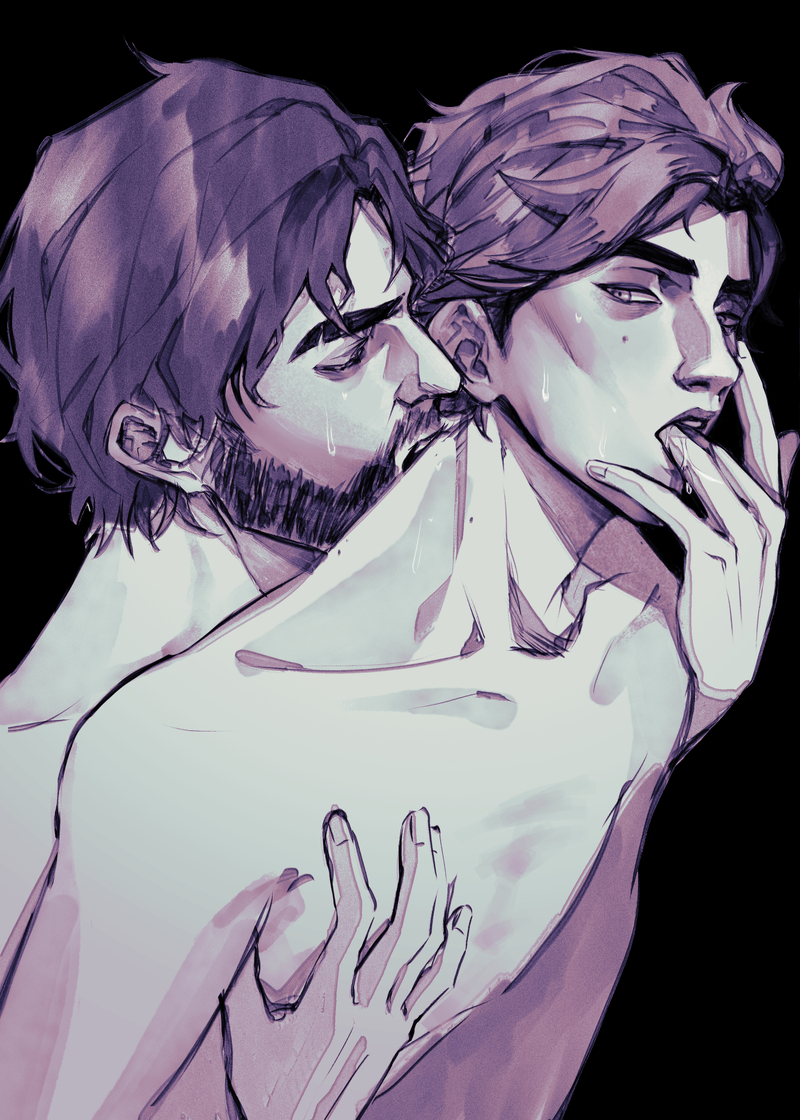 2boys arcane:_league_of_legends arcane_survivor_jayce beard biting black_background curtained_hair facial_hair finger_in_another&#039;s_mouth greyscale hair_behind_ear hand_on_another&#039;s_chest jayce_(league_of_legends) league_of_legends looking_back male_focus mole monochrome multiple_boys neck_biting nude open_mouth simple_background sweat teeth three_quarter_view uatiorthnab upper_body upper_teeth_only viktor_(arcane) viktor_(league_of_legends) wavy_hair yaoi