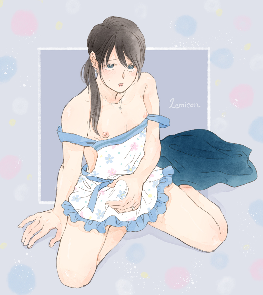 1boy apron blue_dress blue_eyes brown_hair bulge crossdressing crossdressing_(mtf) crouching dress earrings erection erection_under_clothes frilled_apron frills jewelry lemicon long_hair looking_at_viewer low_ponytail naked_apron necklace nipples open_mouth original penis_grab ponytail ring strap_slip trap unworn_dress