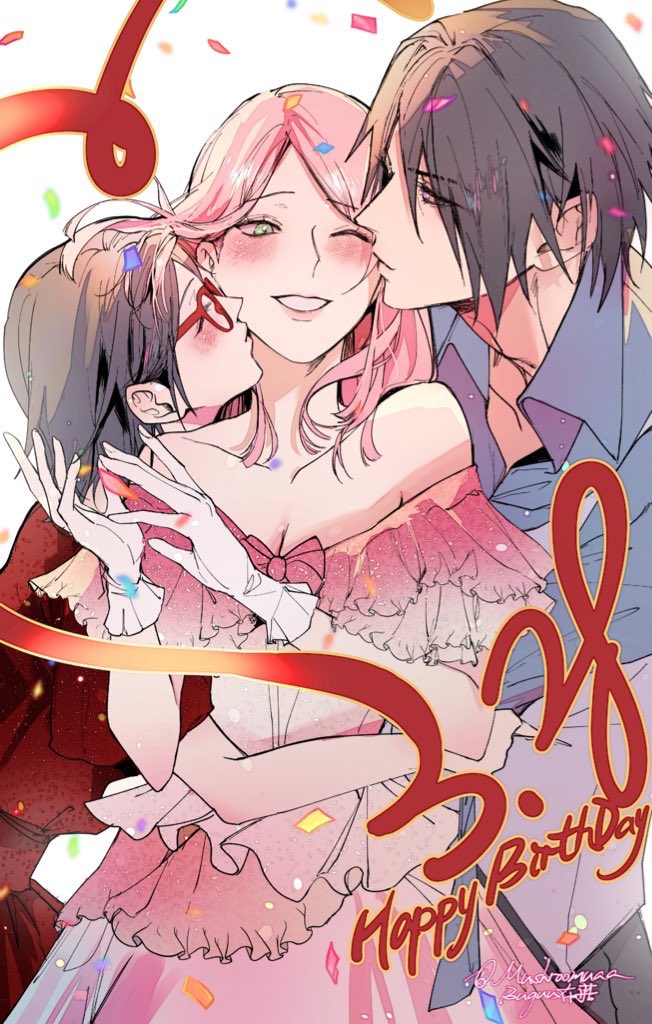 1boy 2girls birthday black_hair blush boruto:_naruto_next_generations boy_and_girl_sandwich closed_eyes dress family glasses gloves green_eyes grey_shirt happy_birthday haruno_sakura hetero hug husband_and_wife kiss kissing_cheek looking_at_another looking_at_viewer mother_and_daughter multiple_girls mushroomuaa naruto_(series) one_eye_closed open_mouth pink_dress pink_hair red_dress sandwiched shirt short_hair simple_background smile strapless strapless_dress uchiha_sarada uchiha_sasuke