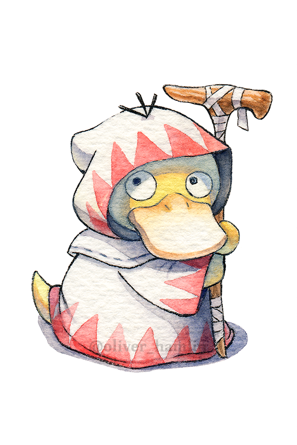 animal_focus artist_name colored_skin commentary cosplay english_commentary final_fantasy final_fantasy_i gen_1_pokemon holding holding_staff hooded_robe nintendo no_humans oliver_hamlin pokemon pokemon_(creature) psyduck robe simple_background staff twitter_username watermark white_background white_mage_(final_fantasy) white_mage_(final_fantasy)_(cosplay) white_robe yellow_skin
