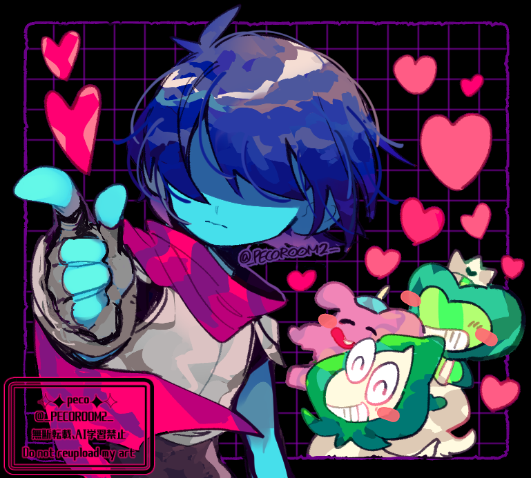 1other armor artist_name black_gloves blue_hair blue_skin closed_mouth colored_skin commentary deltarune fingerless_gloves gloves hathy_(deltarune) heart jigsawry_(deltarune) kris_(dark_world)_(deltarune) kris_(deltarune) partially_shaded_face pointing red_scarf repikinoko rudinn_(deltarune) scarf short_hair twitter_username