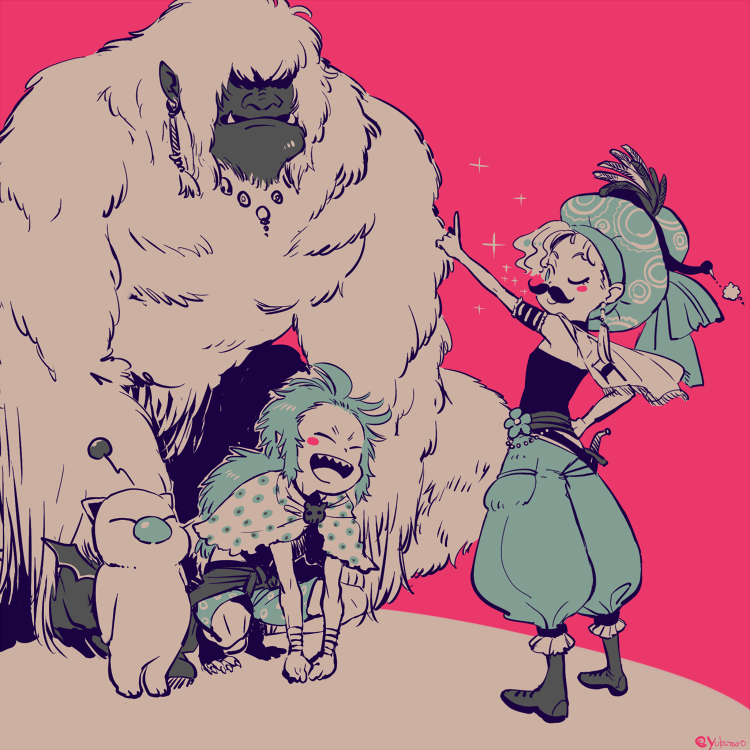 1boy 1girl :d armlet artist_name asymmetrical_bangs black_tube_top blush boots capelet child choker closed_eyes creature dagger earrings fake_facial_hair fake_mustache final_fantasy final_fantasy_vi flower_ornament gau hat jewelry knife limited_palette long_hair messy_hair moogle one_eye_closed open_mouth pink_background pointing pointy_ears ponytail puffy_pants relm_arrowny sash sharp_teeth short_hair shorts smile sparkle squatting standing strapless tassel tassel_earrings teeth tube_top umaro waist_sash weapon yeti_(creature) yukataro
