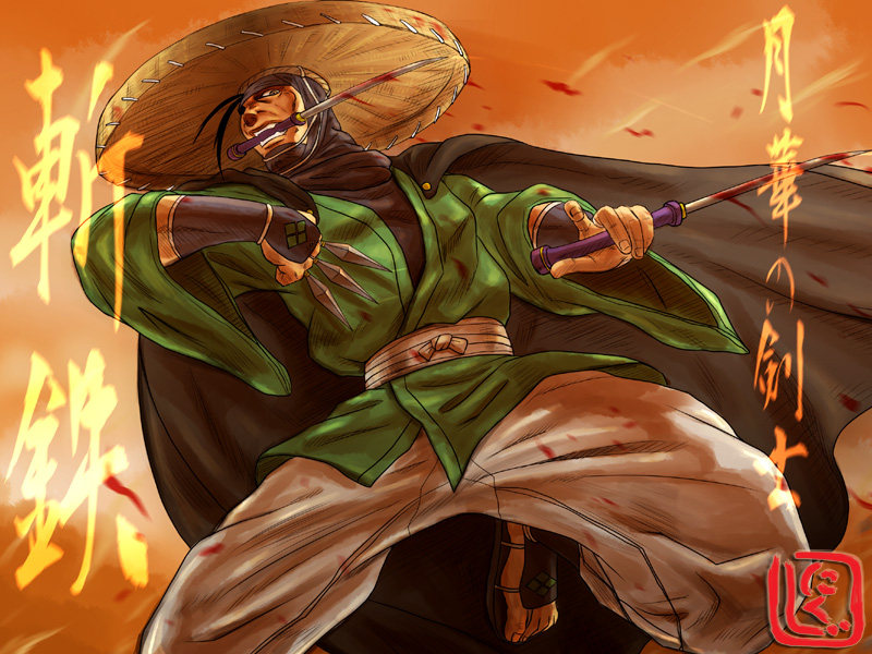 1boy antenna_hair armor baggy_pants bakumatsu_rouman blood bloody_knife bloody_weapon cape hat japanese_armor japanese_clothes kisaragi_zantetsu knife kote kunai male_focus mouth_hold nikuji-kun ninja pants sandals snk solo throwing_knife toes triple_wielding weapon